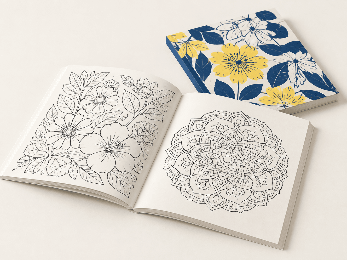 Libro para colorear abierto con páginas de dibujos de líneas detallados.
