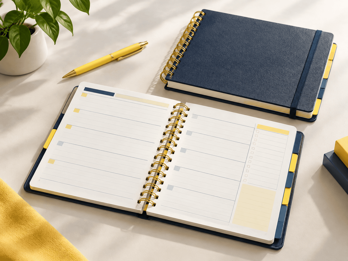 Agenda personalizada abierta que muestra páginas de planificación con fechas y la encuadernación