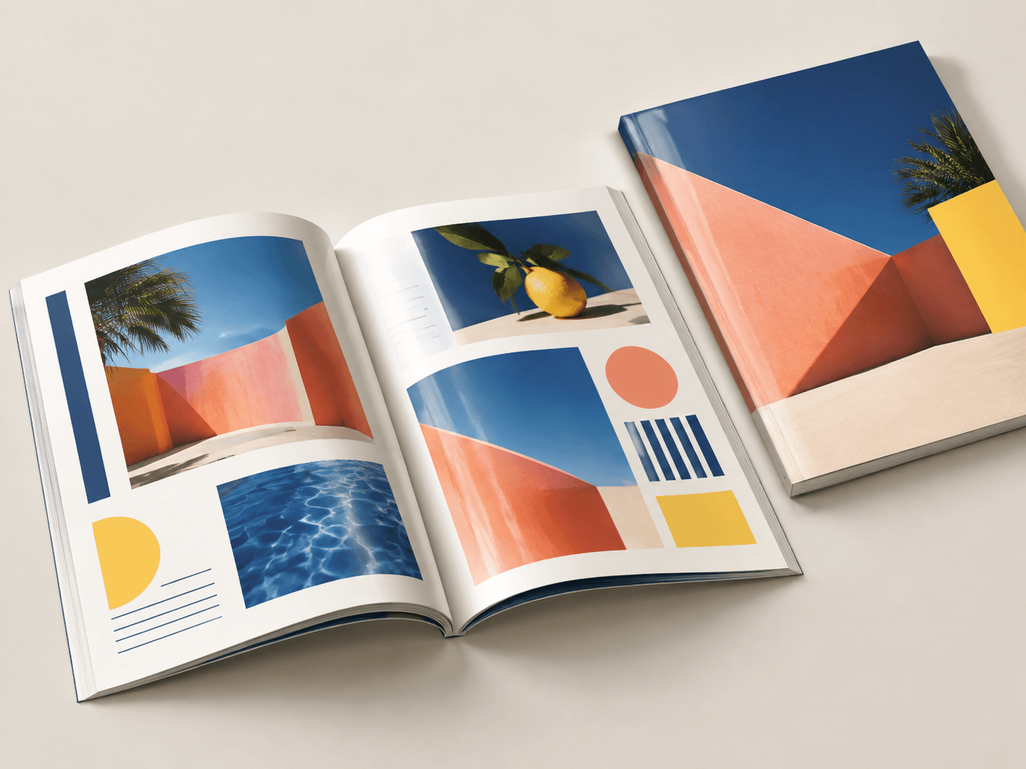 Revista abierta en una doble página de fotografía editorial.