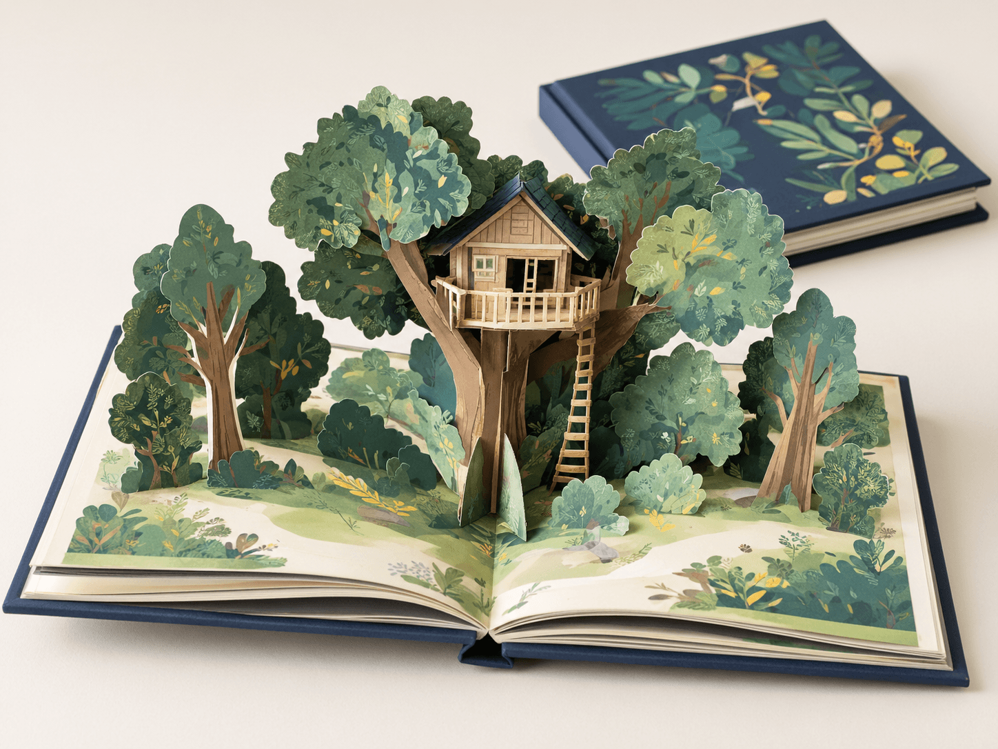 Libro emergente abierto con una casa de árbol de papel que se levanta de una extensión de dos páginas
