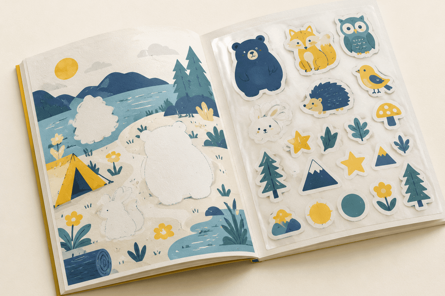 Libro de pegatinas abierto que muestra pegatinas de animales pelables en un soportes antiadherentes