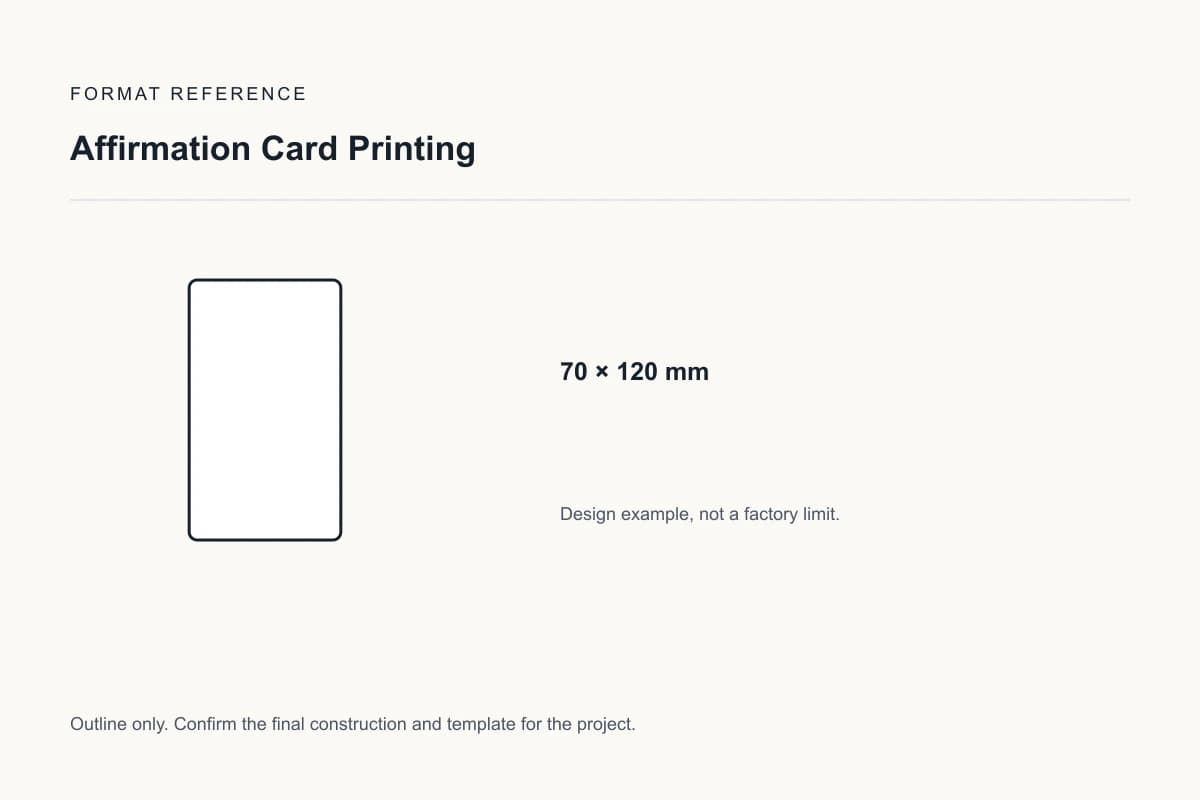 Reference format for affirmation card printing: 70 × 120 mm; design example, not a production dieline
