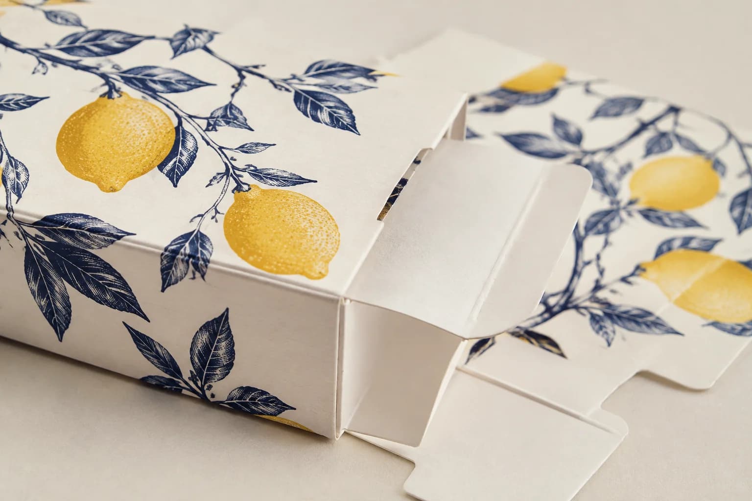 Illustrative printed folding carton showing a creased corner and open tuck flap