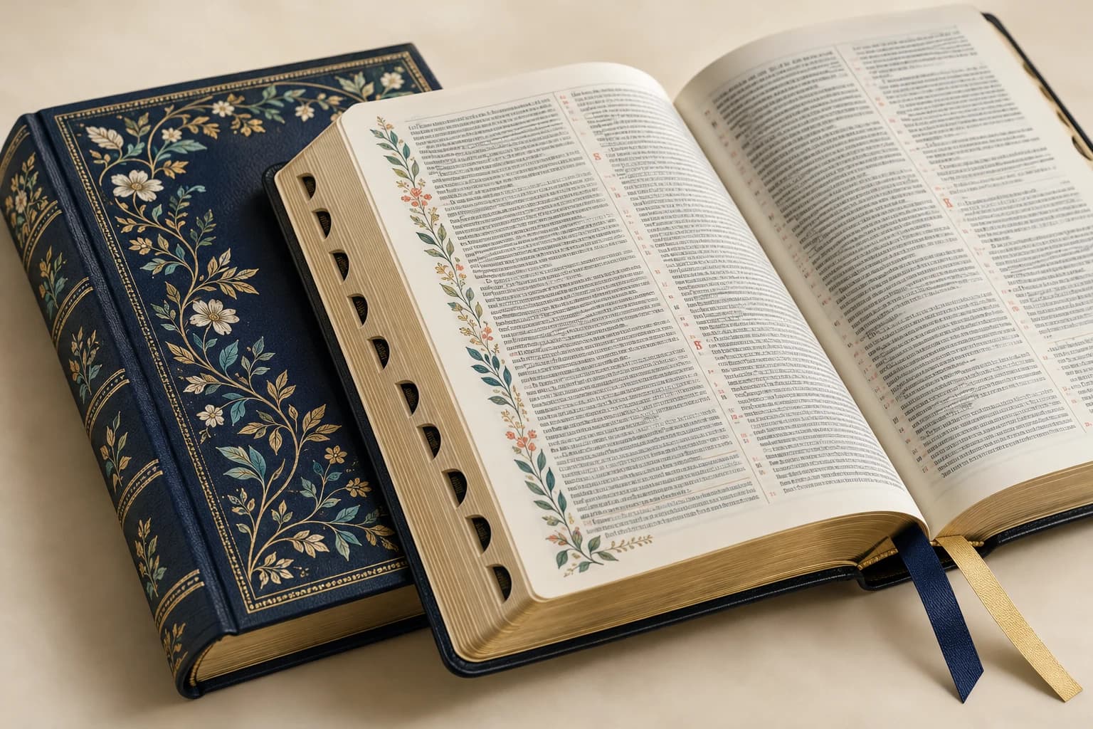 Illustrative Bible: Thumb-index cuts, two ribbon markers, dense two-column print and thin translucent leaves.