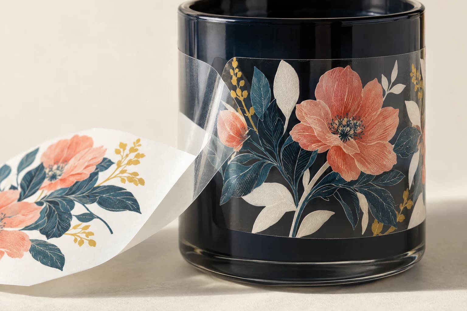 Illustrative Clear Sticker: Clearly transparent film edge, opaque white versus translucent ink and intact white release liner.