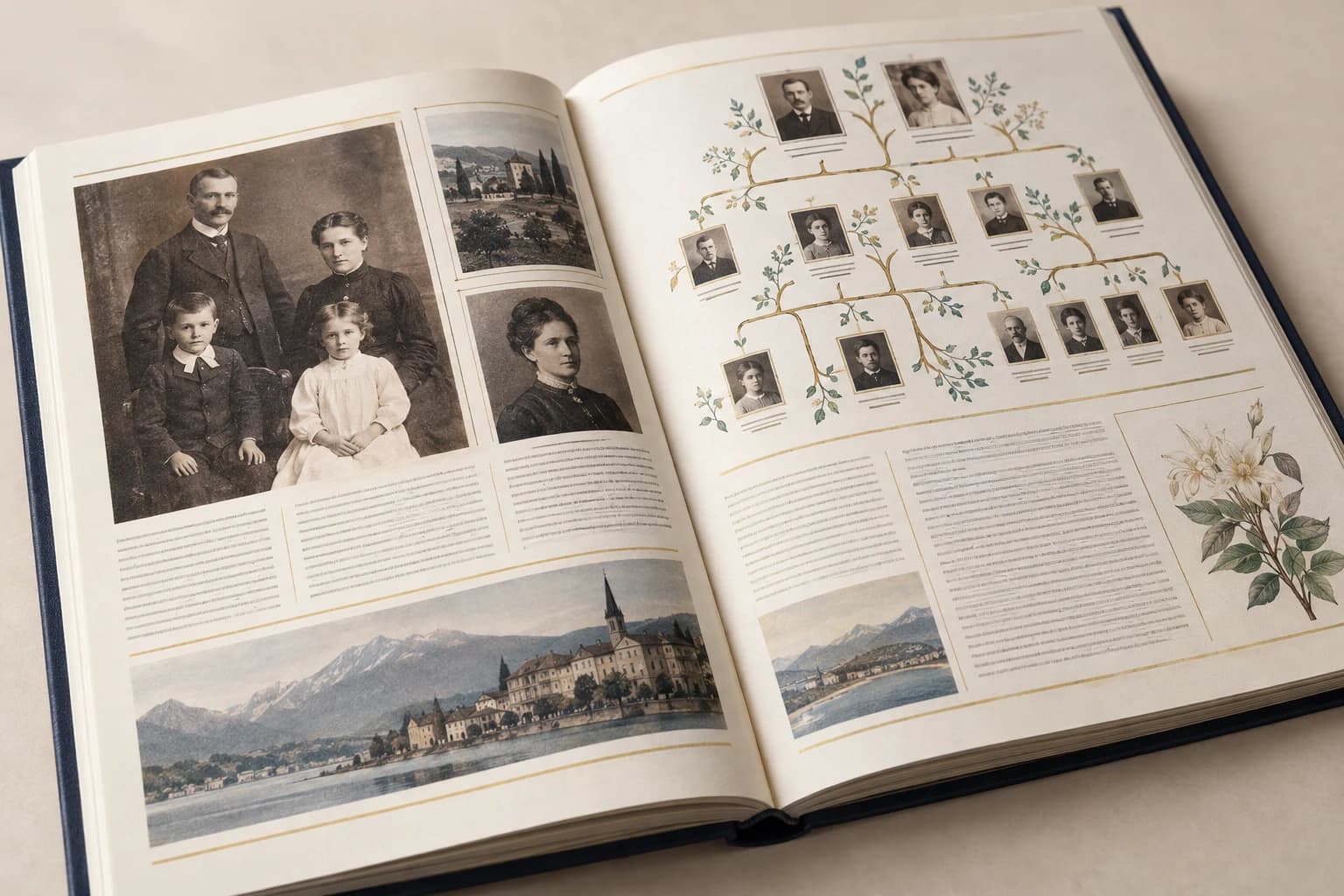 Illustrative Family History Book: Distintas reproducciones de retratos, líneas de árboles ramificados y la disposición cerca de la canaleta.