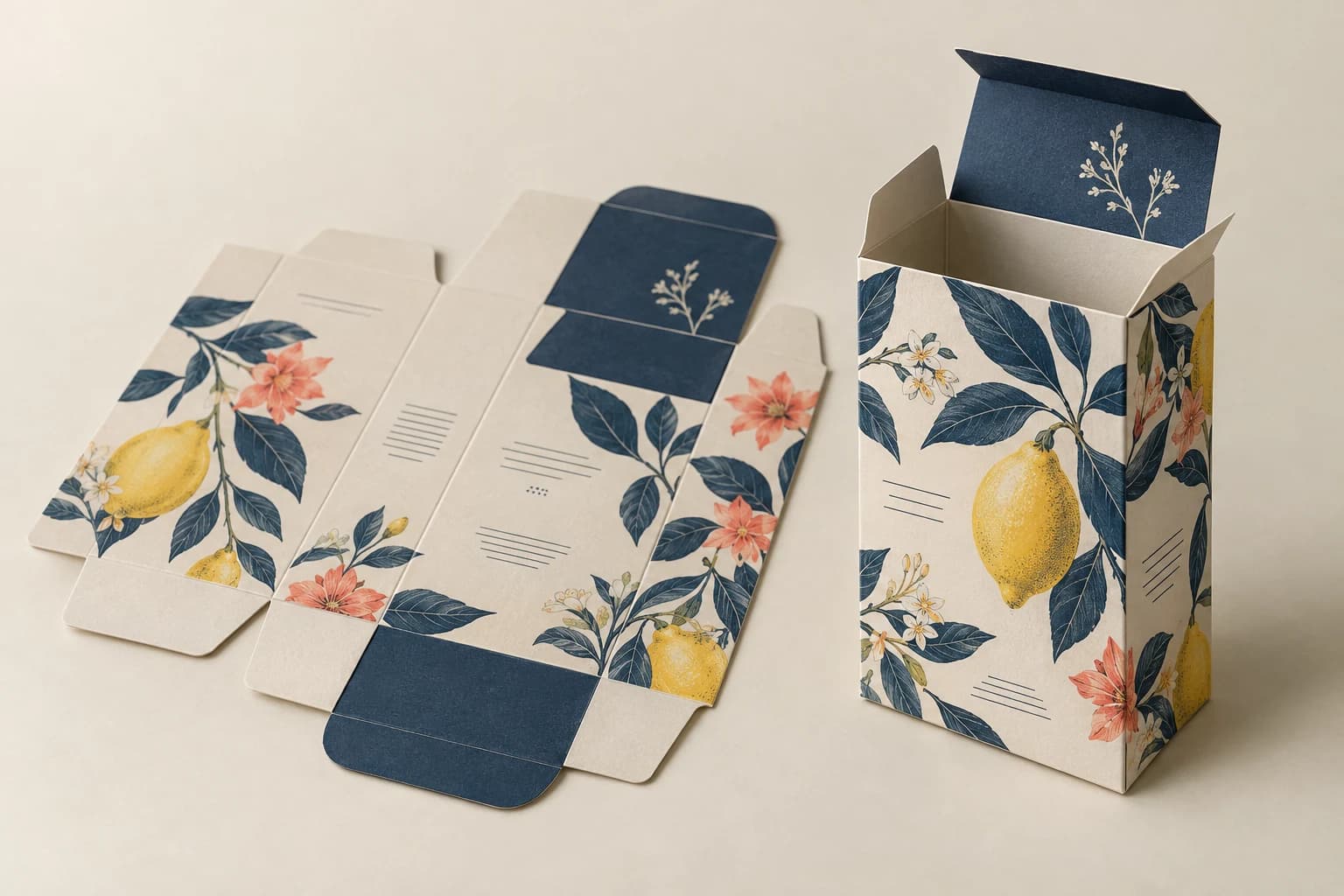 Illustrative Folding Carton: True thin paperboard, tuck flaps, scored fold lines and single glue seam with matching print panels.