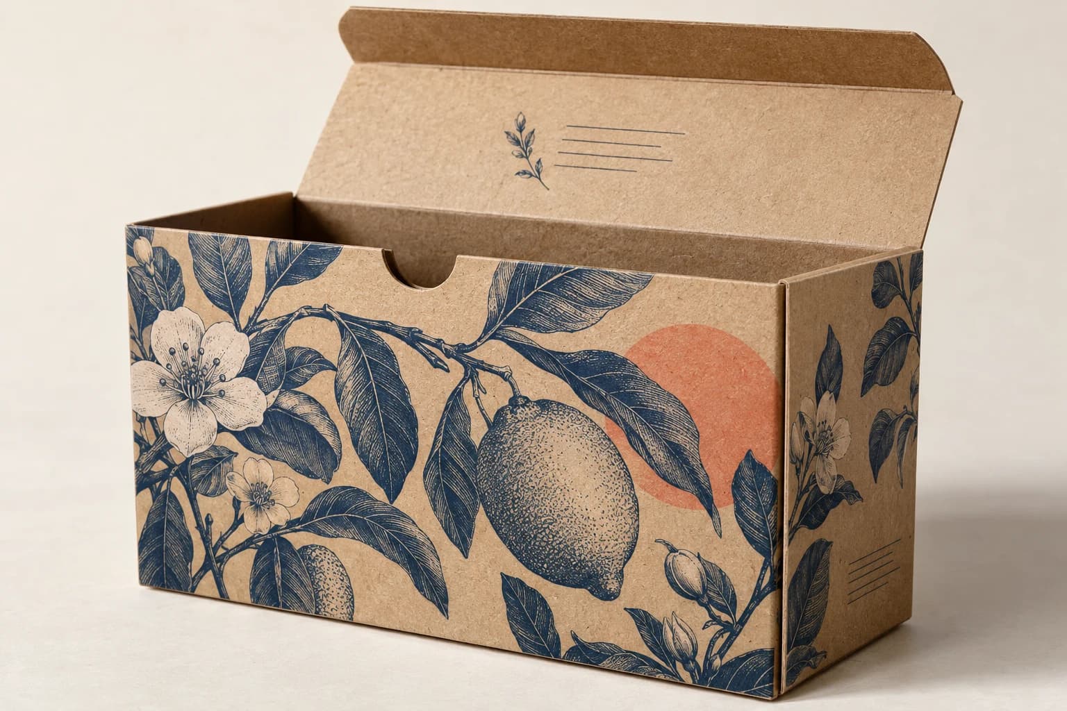Illustrative Kraft Box: Brown substrate visible through the design, kraft fibers, thin cut edge and clean creases.