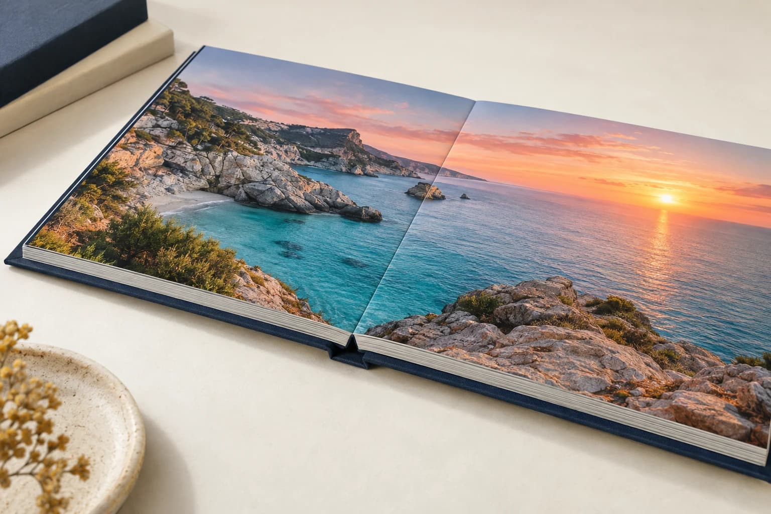 Illustrative Lay-Flat Book: Thick mounted leaves, shallow central hinge and a truly flat continuous photographic spread; no wire.