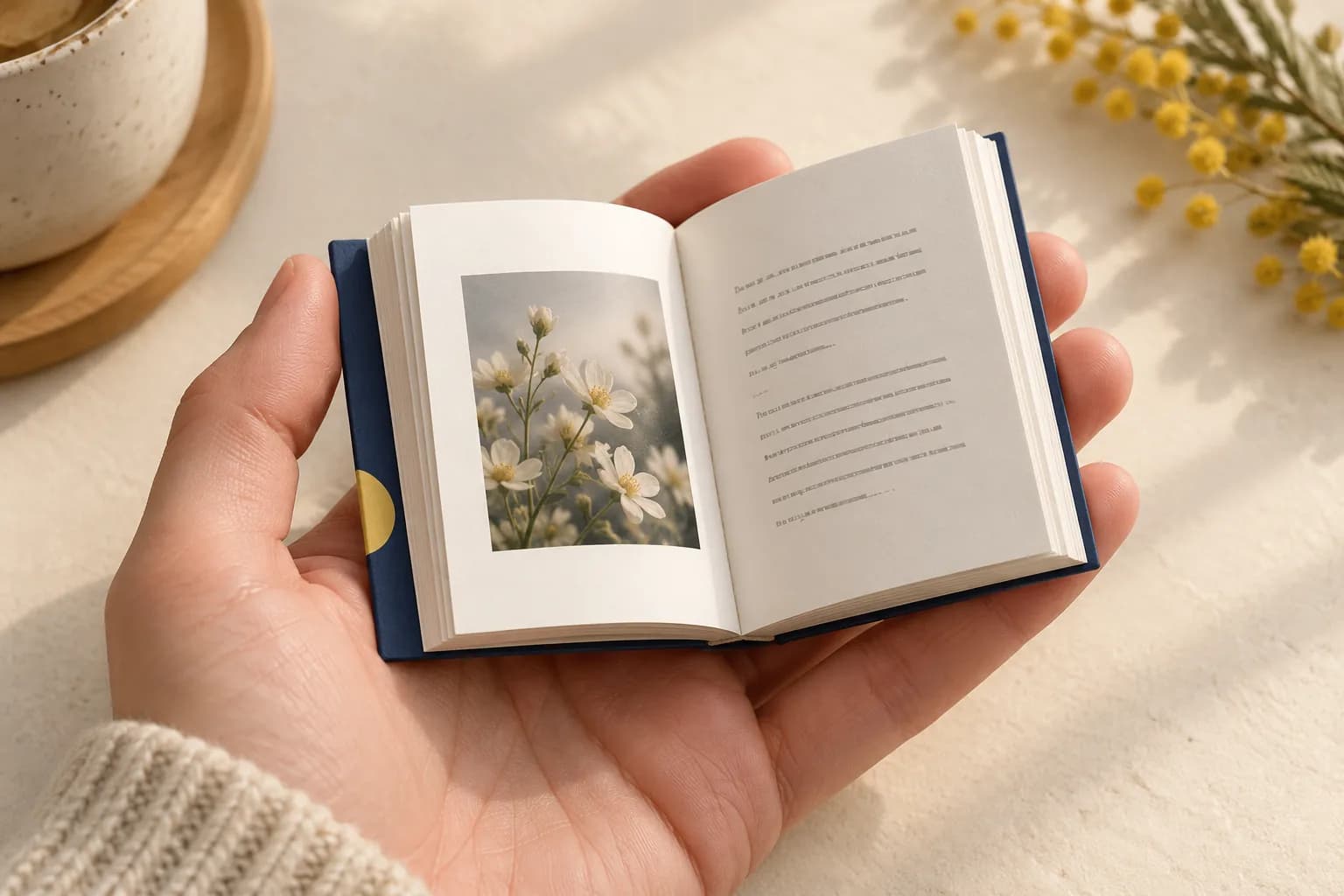 Open pocket-size book resting in a hand, showing page margins, printed imagery and the bound gutter