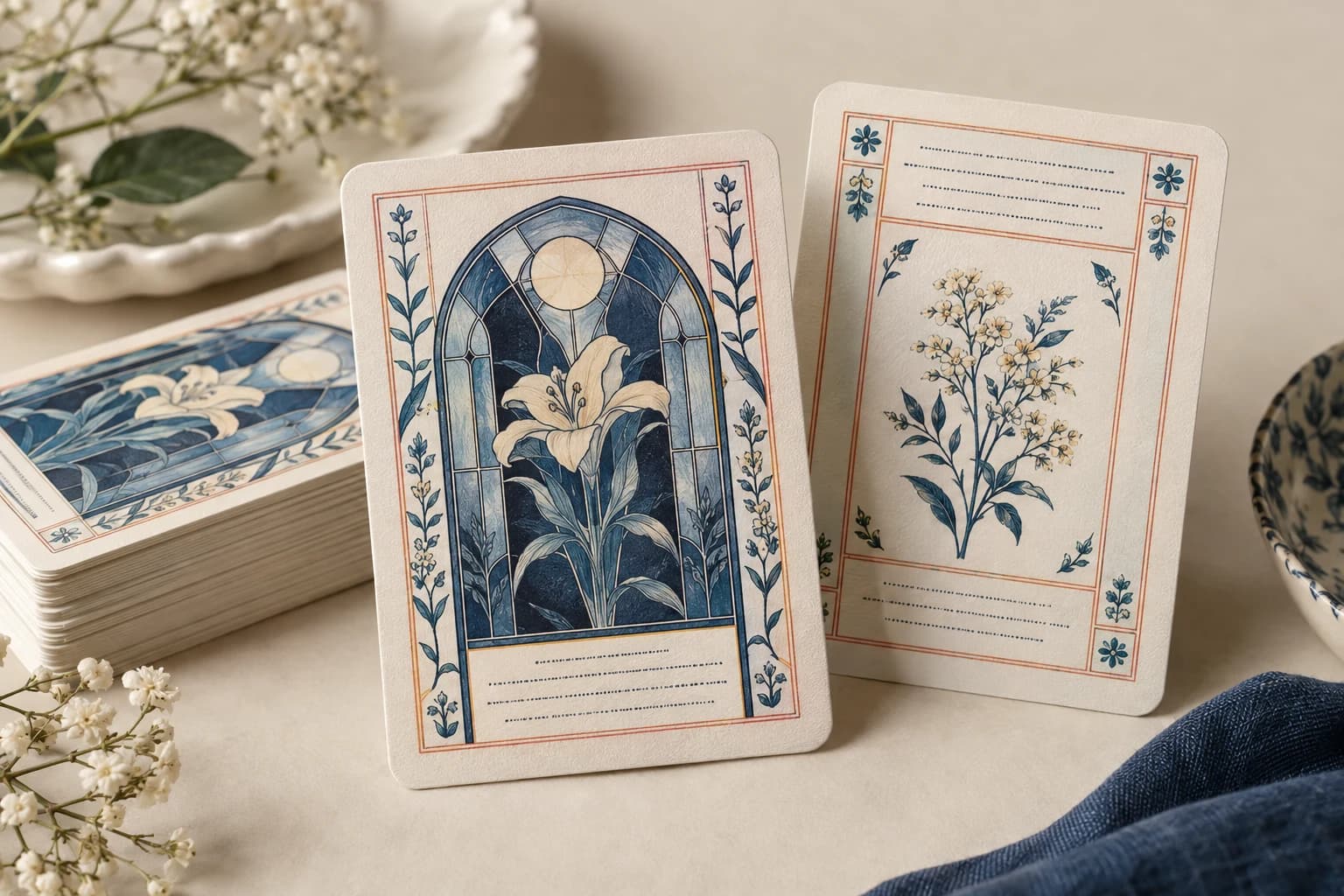 Illustrative Prayer Card: Clear small printed text areas, modest rounded corners and front/reverse pairing.