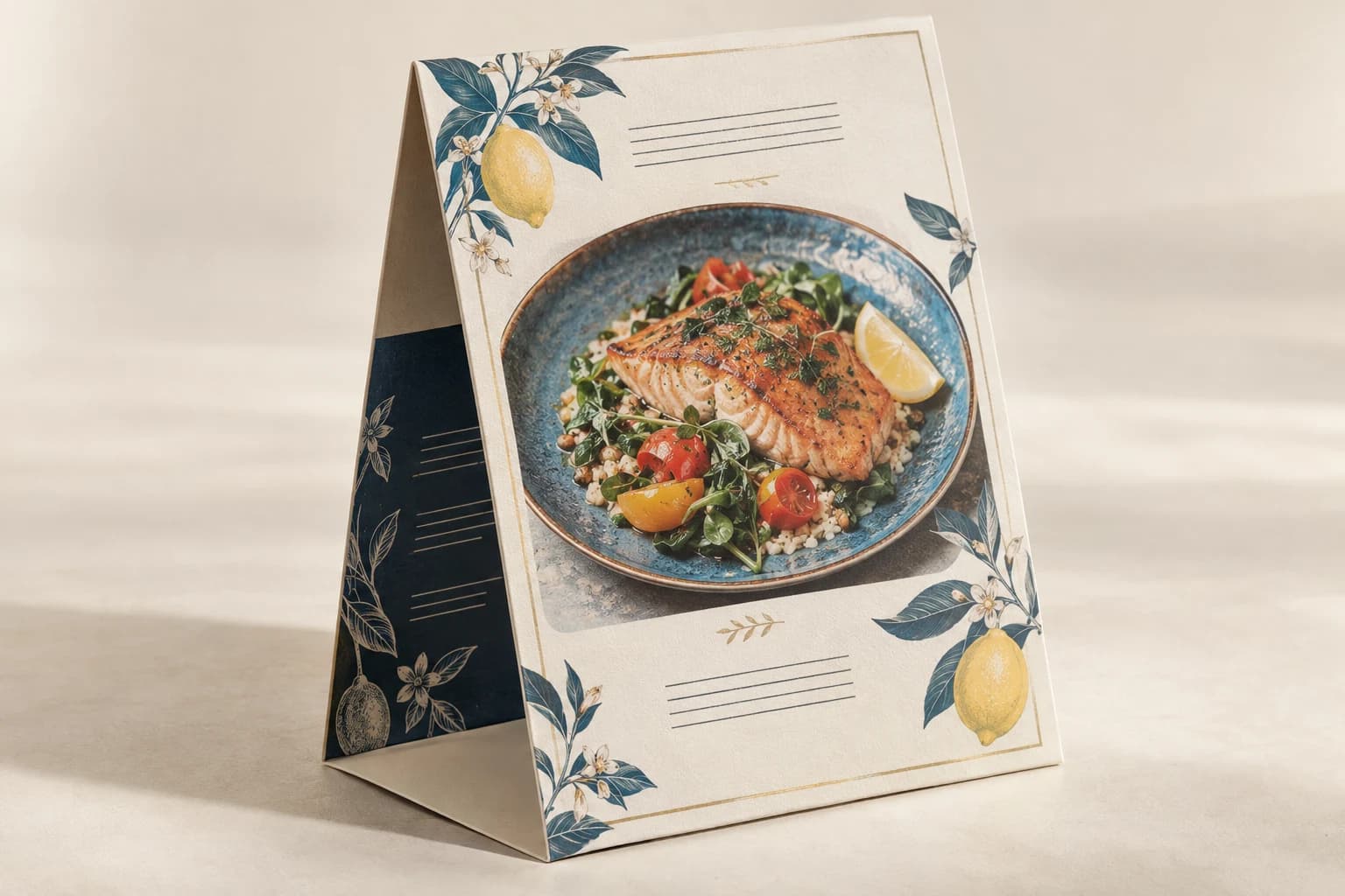 Illustrative Table Tent: Stable triangular footprint, two visible printed panels, scored top fold and locking base.
