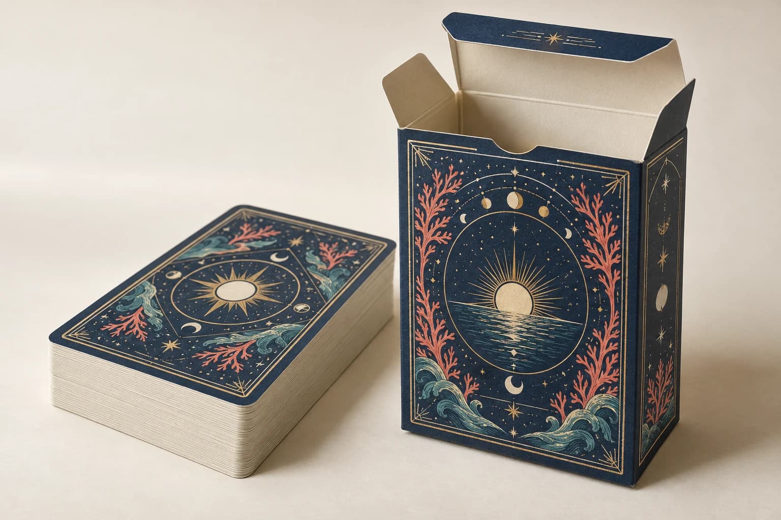 Illustrative Tuck Box: Correct top flap/dust-flap construction, thin paperboard walls and cavity sized around the card stack.