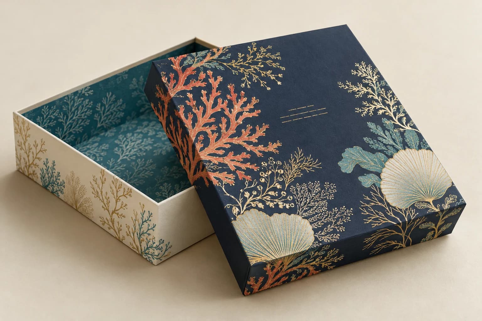 Illustrative Two-Piece Rigid Box: Clearly separate lid/base, controlled overlap depth, wrapped corners and print continuity.