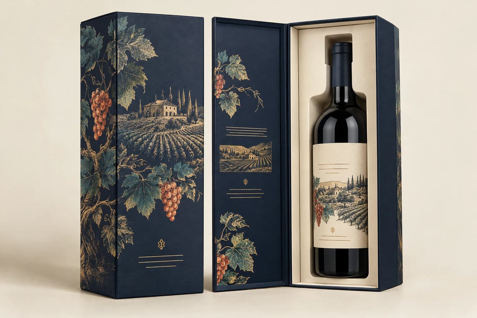 Illustrative Wine Box: Precisely shaped bottle cavity, neck clearance, rigid walls and printed presentation wrap.