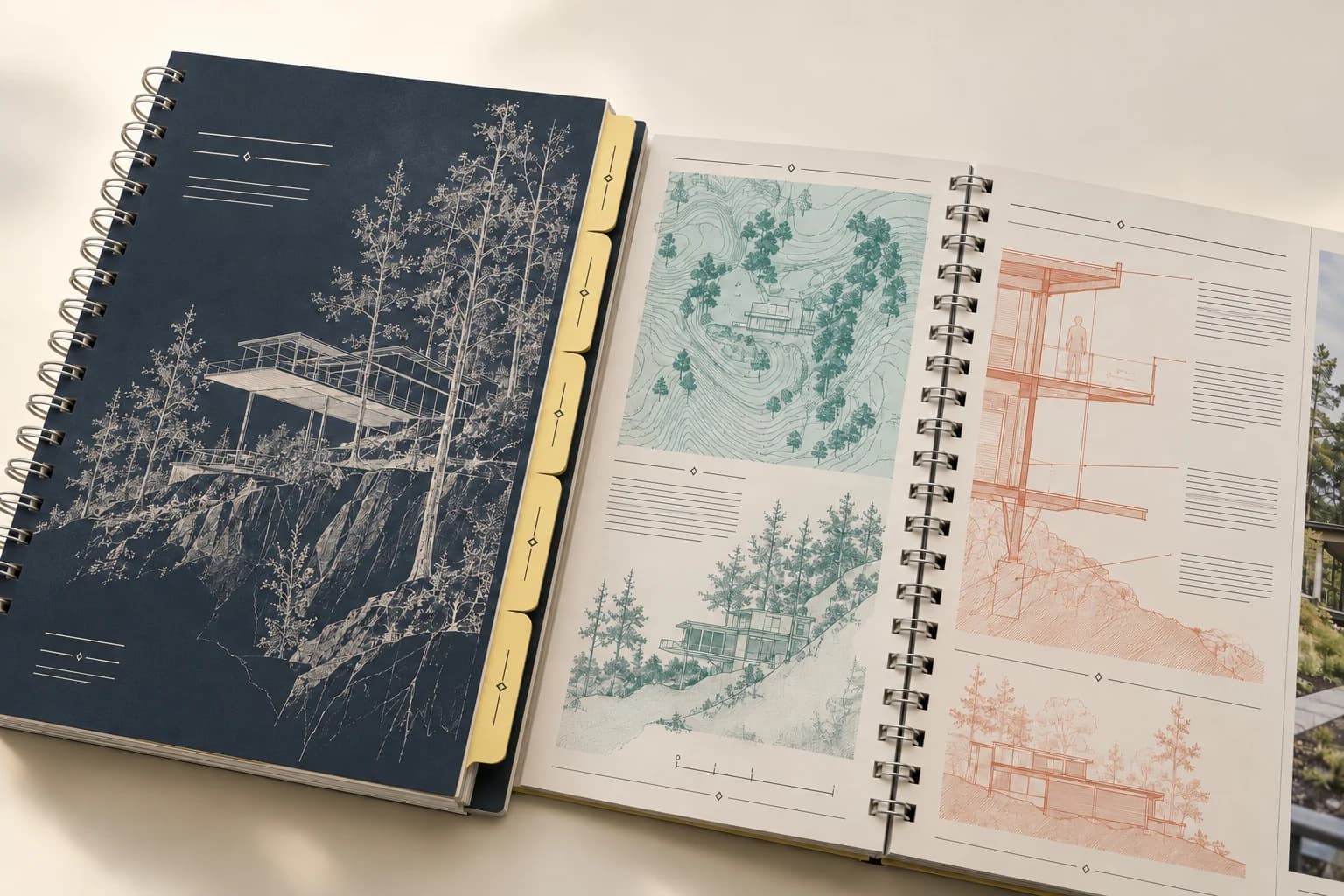 Illustrative Wire-O Bound Book: True Wire-O paired double metal loops through rectangular holes, printed diagrams and freely turning pages; no continuous coil.