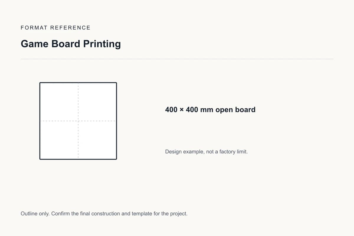 Reference format for game board printing: 400 × 400 mm open board; design example, not a production dieline