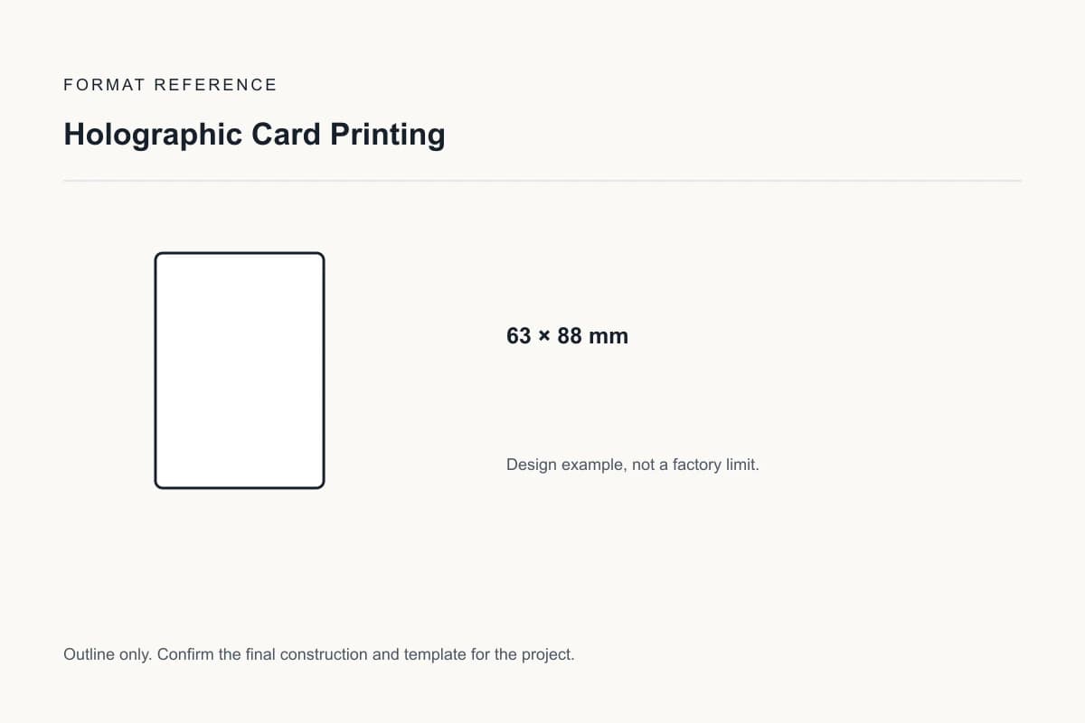 Reference format for holographic card printing: 63 × 88 mm; design example, not a production dieline