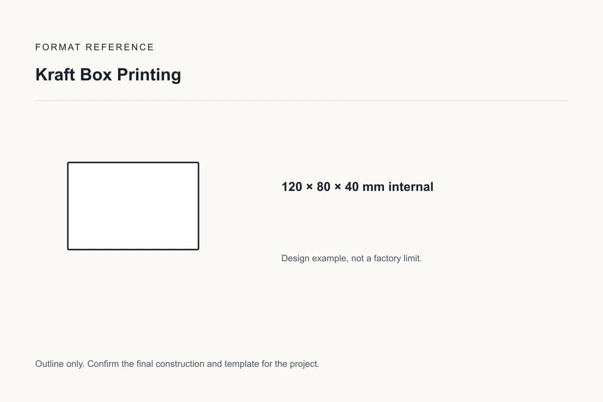 Reference format for kraft box printing: 120 × 80 × 40 mm internal; design example, not a production dieline