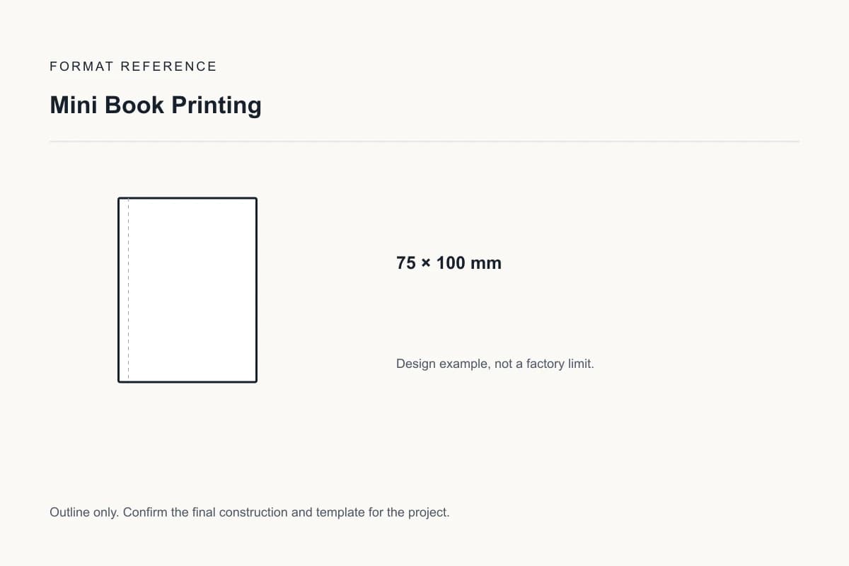 Reference format for mini book printing: 75 × 100 mm; design example, not a production dieline