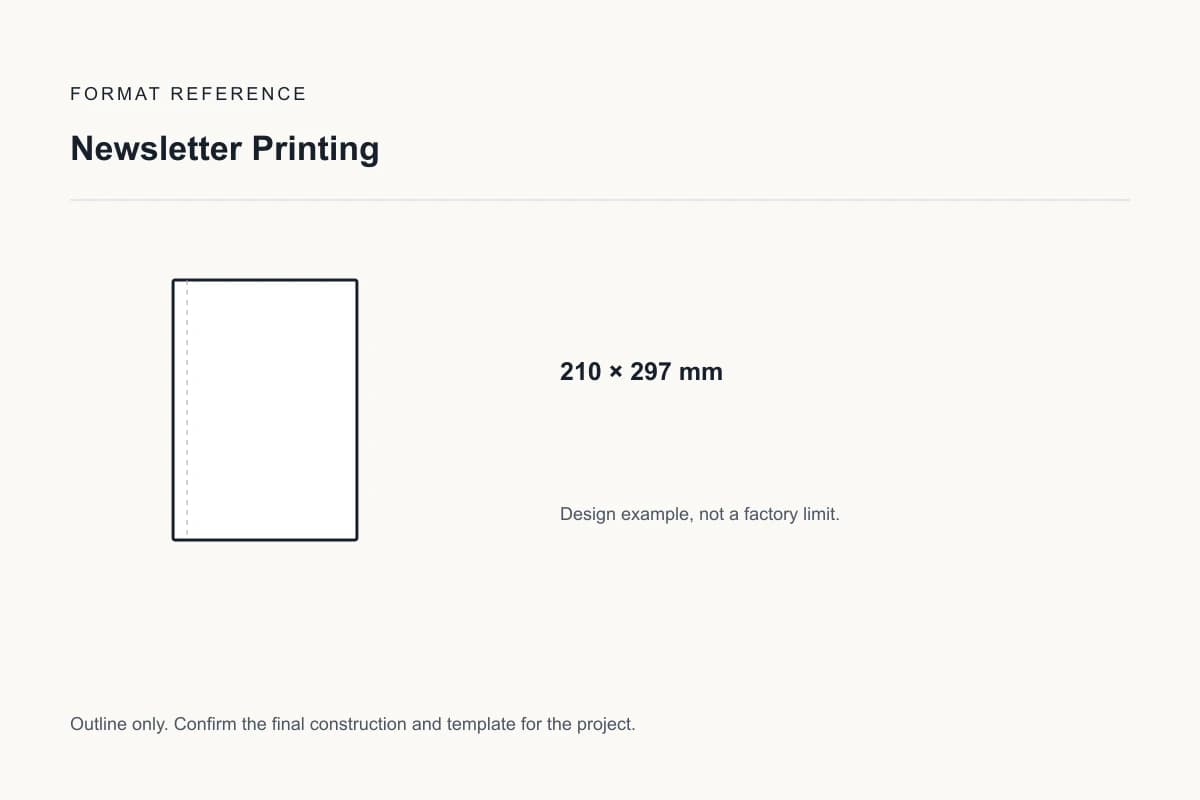 Reference format for newsletter printing: 210 × 297 mm; design example, not a production dieline