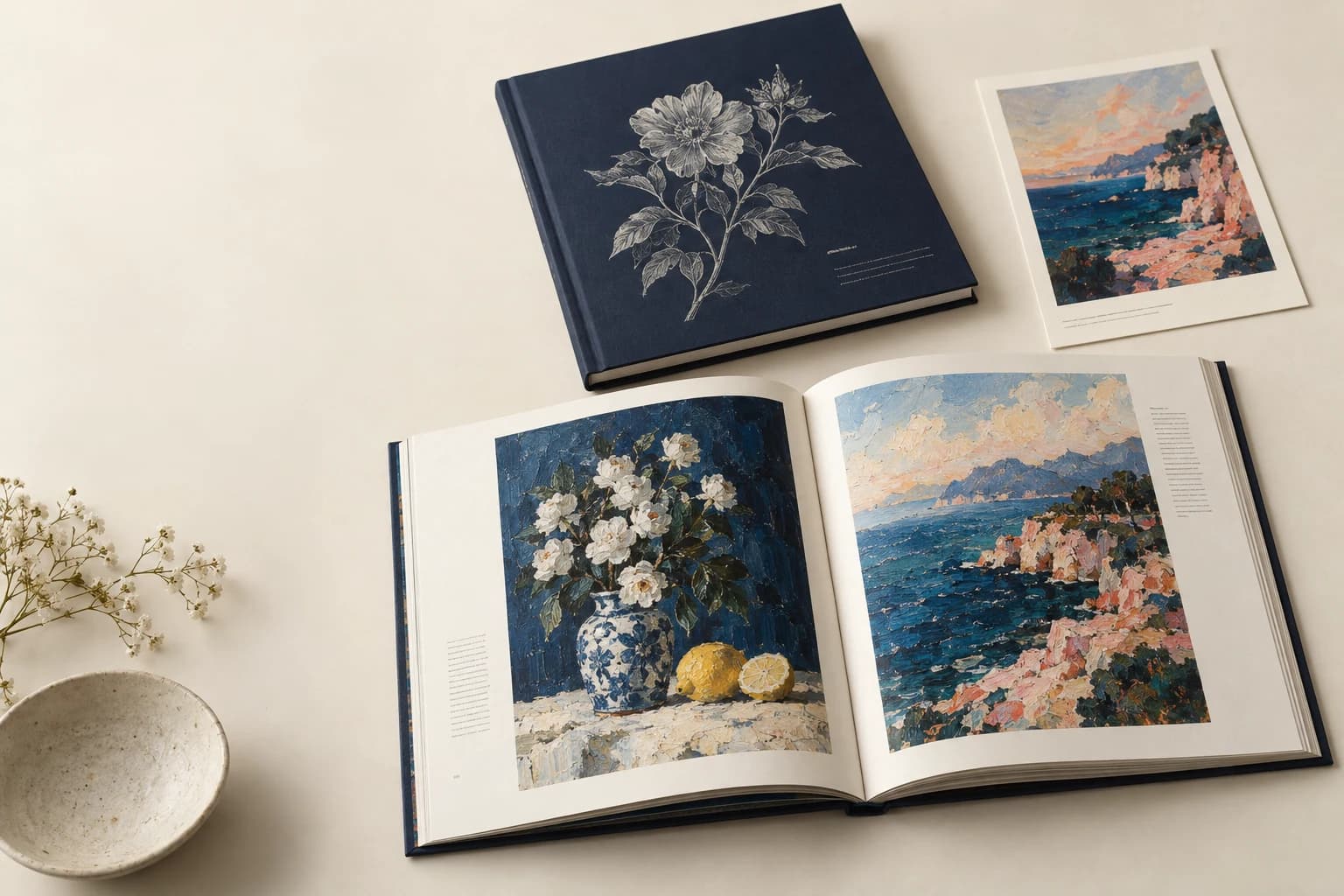 Libro de Arte Illustrativo: Marcas de pincel fino, bordes de imagen neutros, canaleta cosida y papel impreso sustancial.