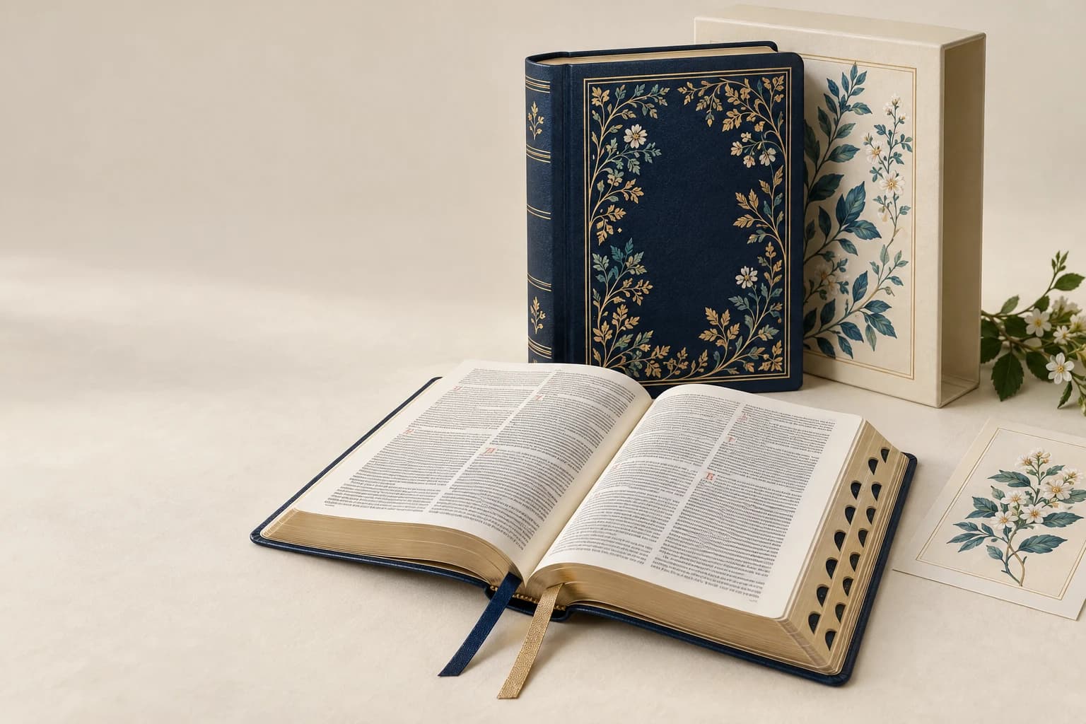 Biblia ilustrativa: Cortes de índice de pulgares, dos marcadores de cinta, densa impresión de dos columnas y finas hojas translúcidas.