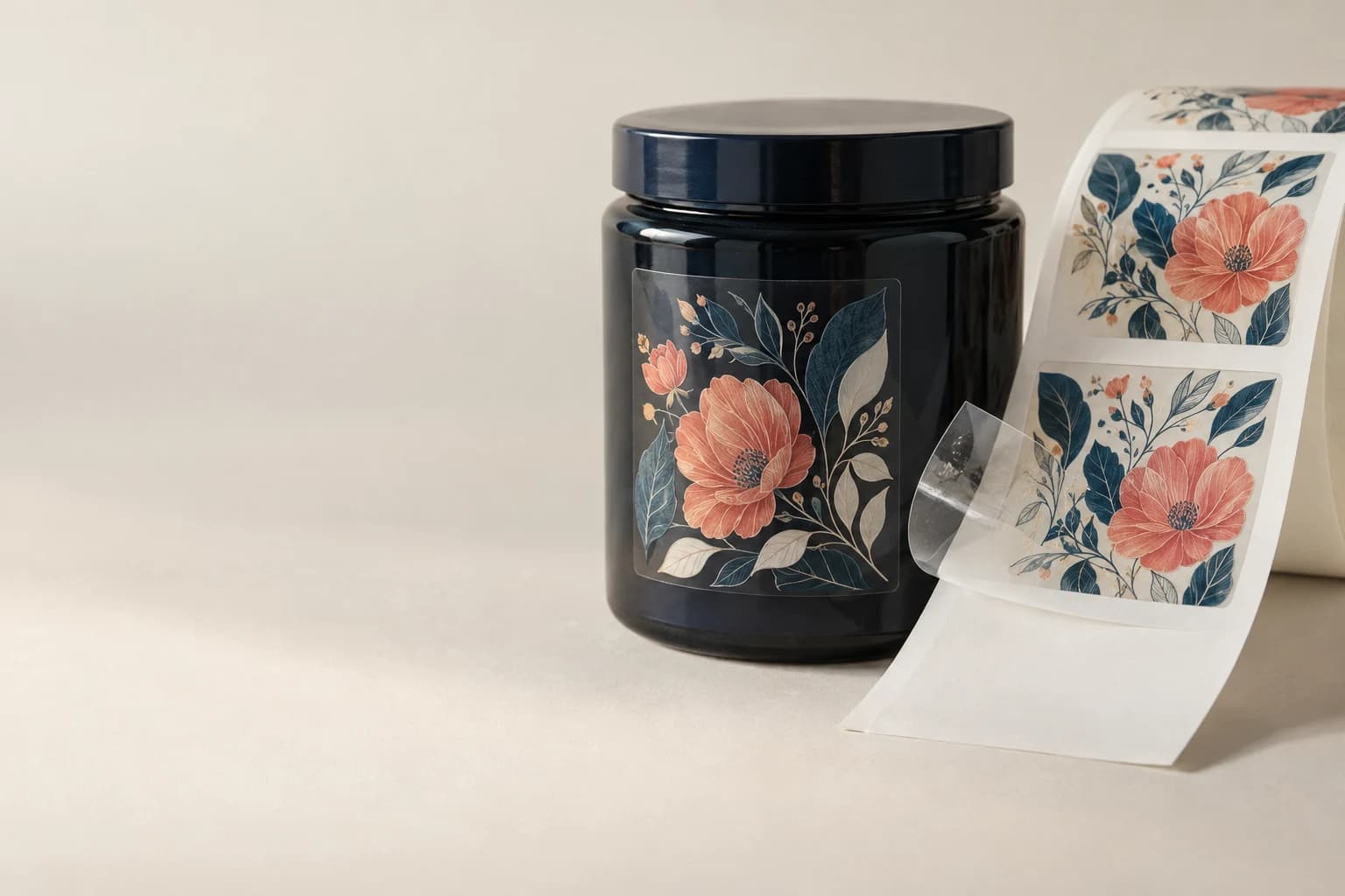 Pegatina transparente ilustrativa: borde de película claramente transparente, tinta blanca opaca frente a translúcida y soportes antiadherentes blanco intacto.