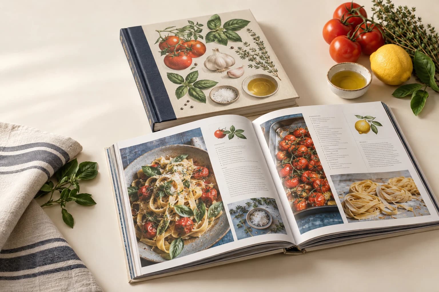 Libro de cocina ilustrativo: fotos impresas vívidas de alimentos, textura de diseño legible, extensión abierta y superficie protectora.