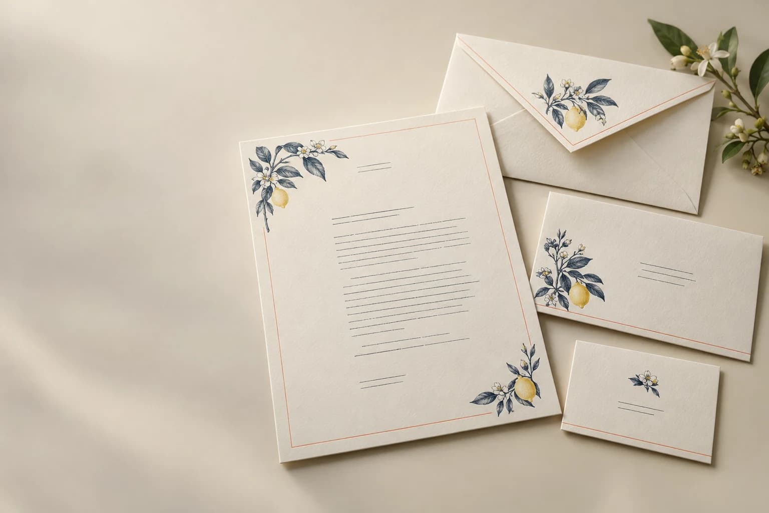 Sobre ilustrado y letterhead: Coincidiendo con los detalles de la papelería impresa, los pliegues adecuados del sobre y el área de escritura de cartas utilizable.