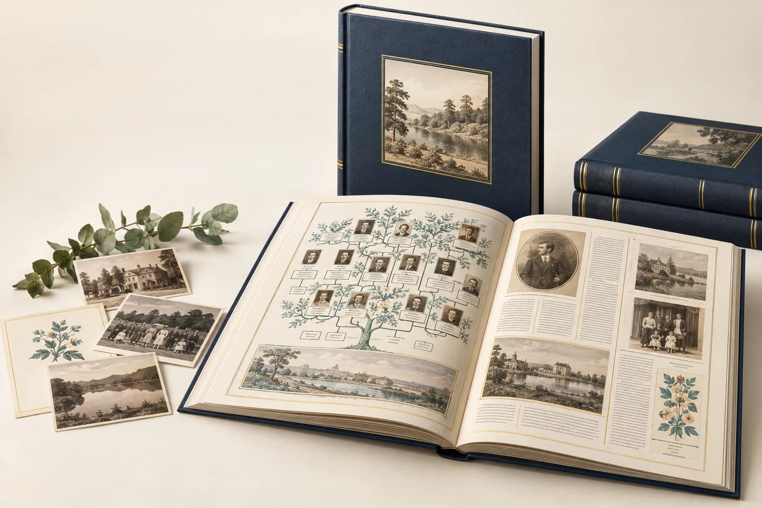 Illustrative Family History Book: Distintas reproducciones de retratos, líneas de árboles ramificados y la disposición cerca de la canaleta.