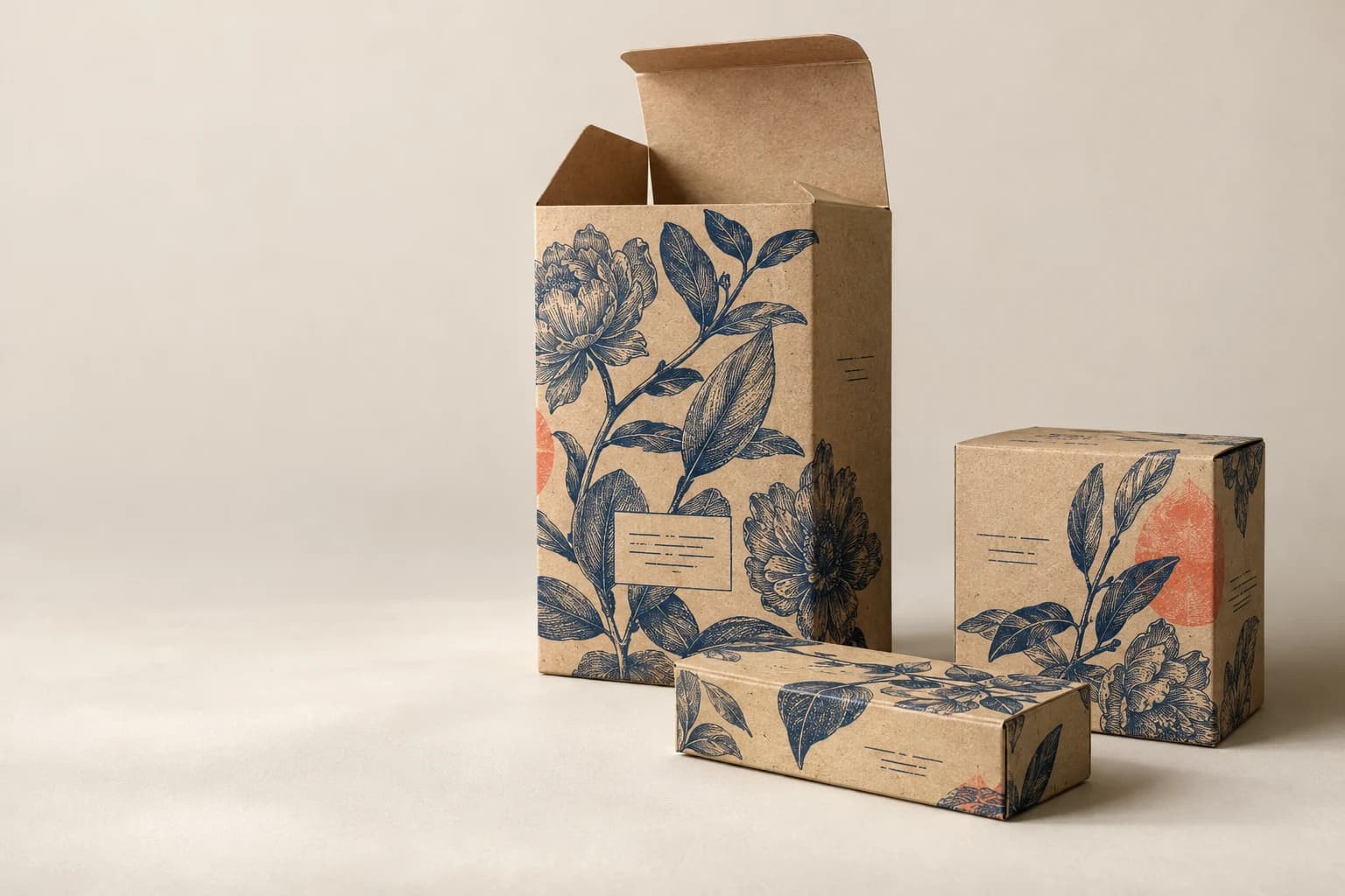 Caja de Kraft Illustrativo: Sustrato marrón visible a través del diseño, fibras de kraft, borde de corte delgado y pliegues limpios.