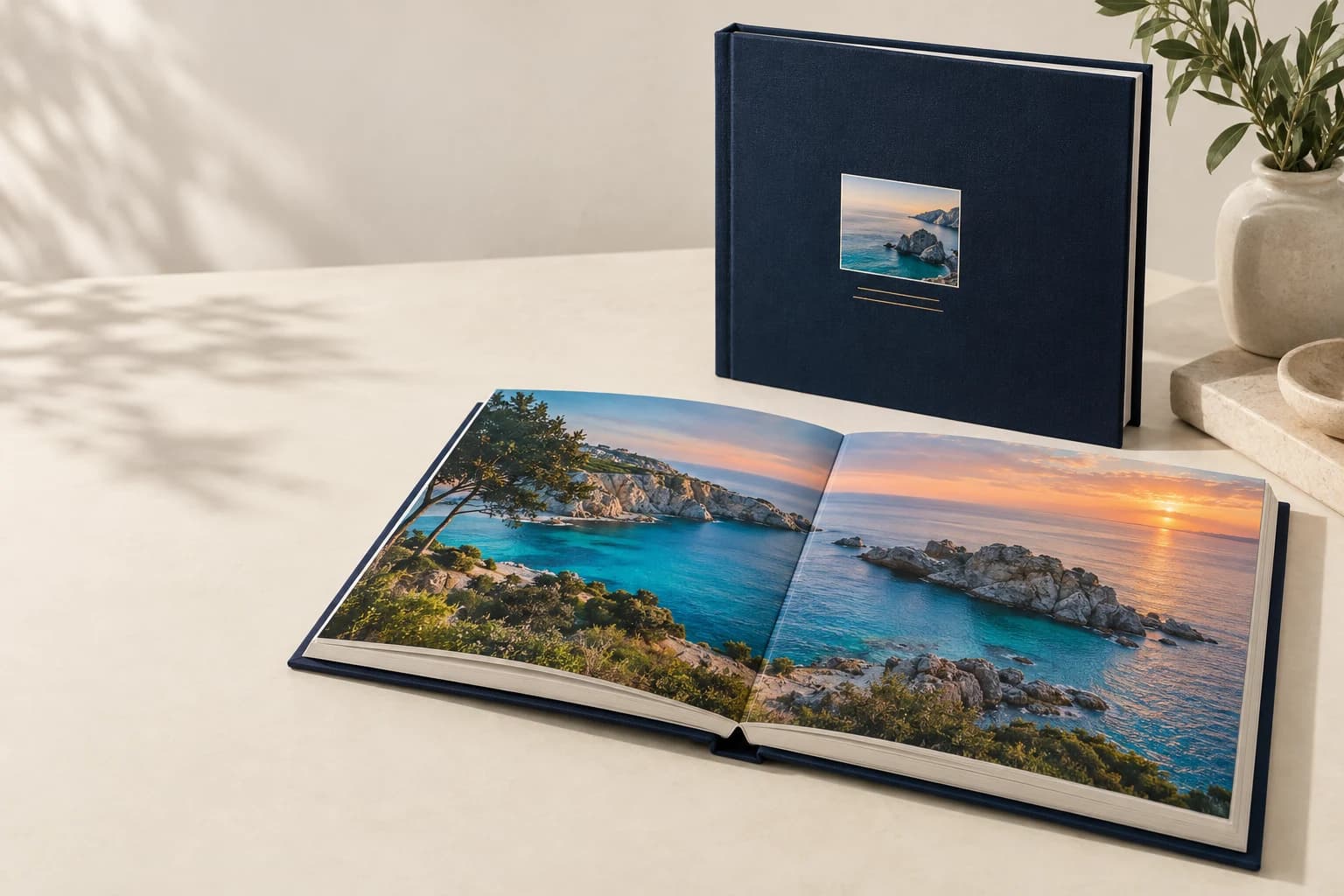 Libro Lay-Flat ilustrativo: Hojas gruesas montadas, bisagra central poco profunda y una extensión fotográfica continua verdaderamente plana; sin alambre.