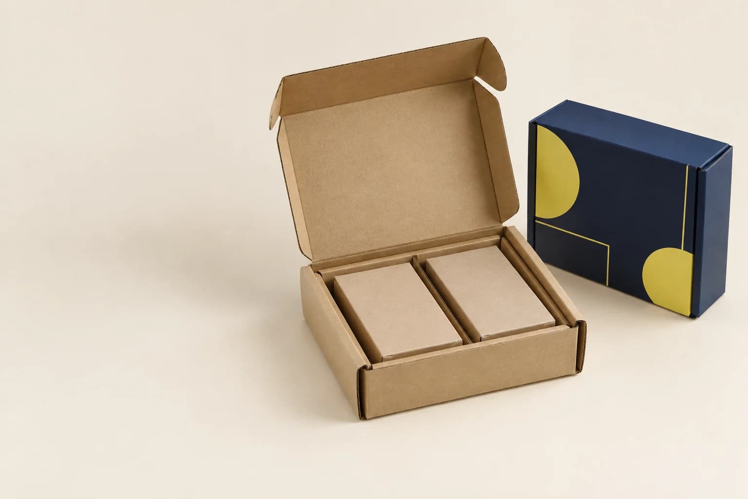 Illustrative open kraft corrugated mailer with a paper divider beside a closed navy printed mailer