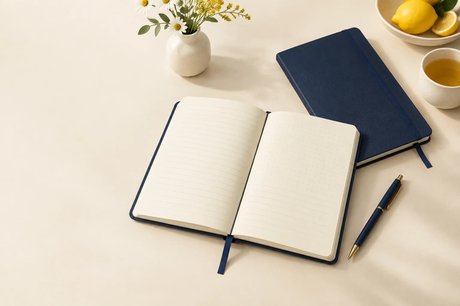 Illustrative bound journals with navy covers, ruled writing pages and a ribbon marker