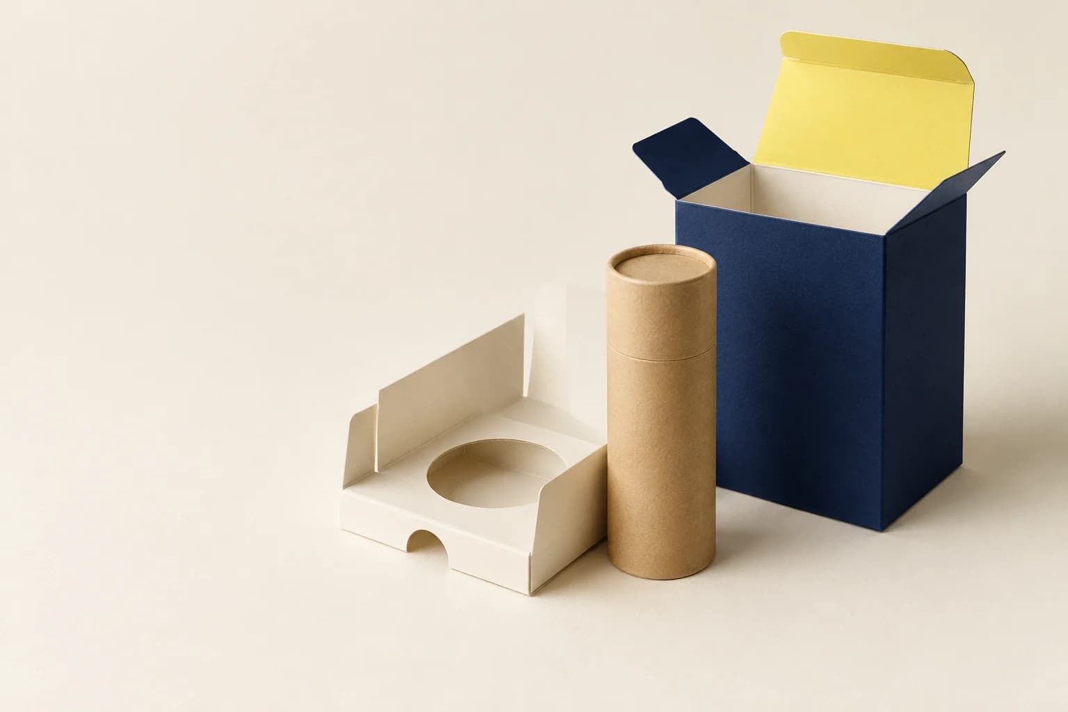 Illustrative folded paperboard insert with a round product opening beside its printed carton