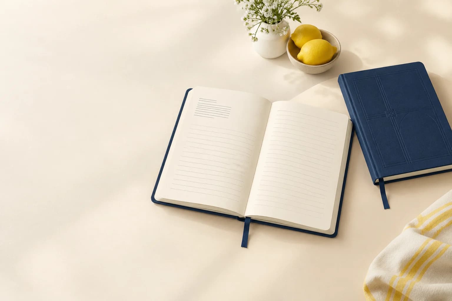 Illustrative open ruled journal and navy bound covers for a devotional writing configuration