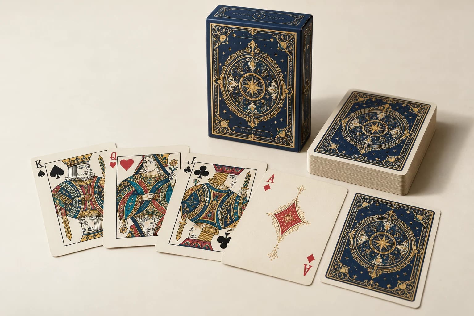 Naipes de magia ilustrativos: bordes redondeados uniformes, reversos simétricos idénticos y anversos con palos tradicionales impresos; sin película holográfica ni lenticular.