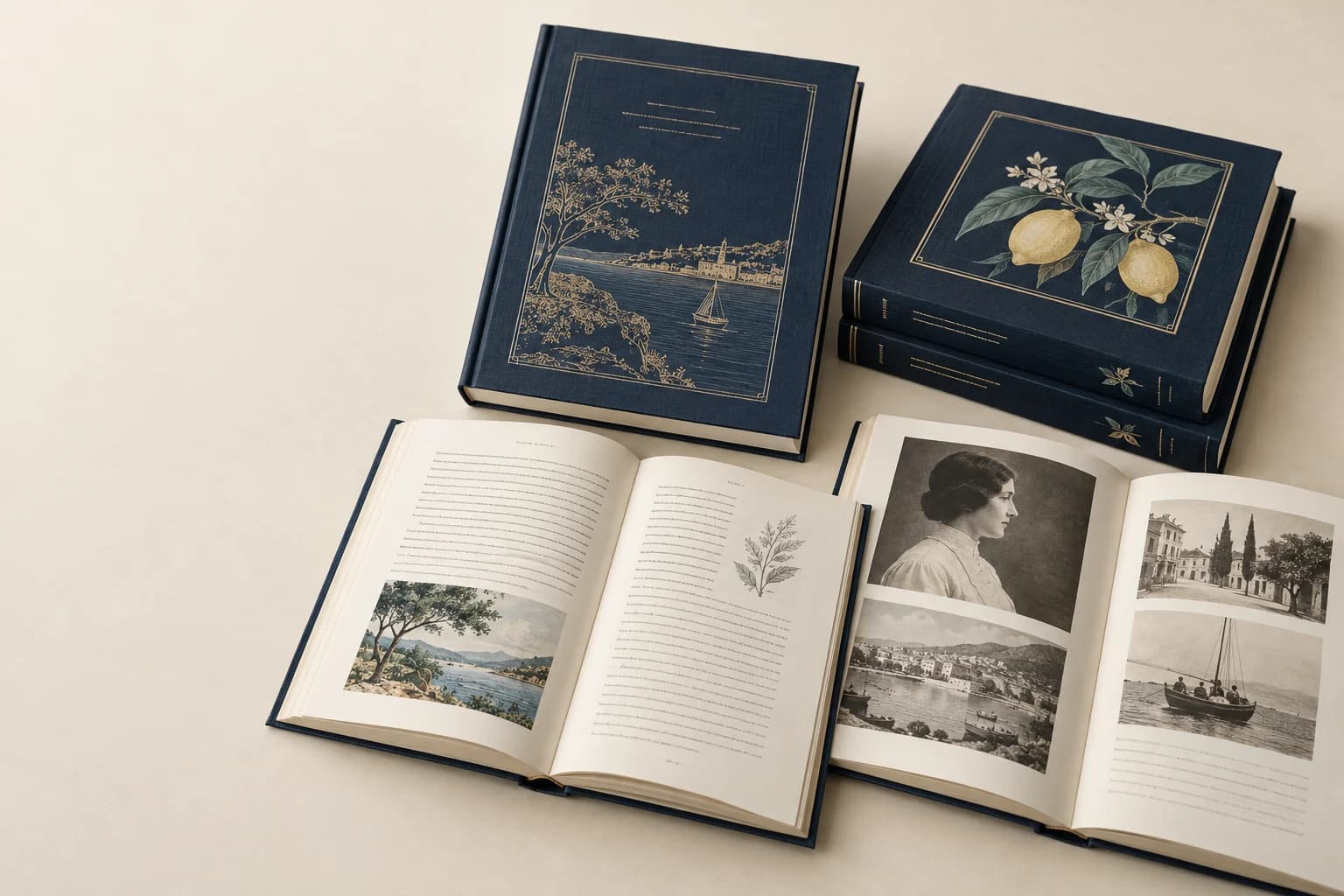 Memoria ilustrativa y biografía Libro: transición clara de páginas de lectura a sección fotográfica y un bloque de páginas cosidas.