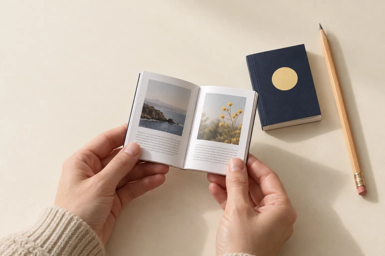 Dos libros impresos de bolsillo junto a un lápiz, con un libro en miniatura abierto en las manos del lector