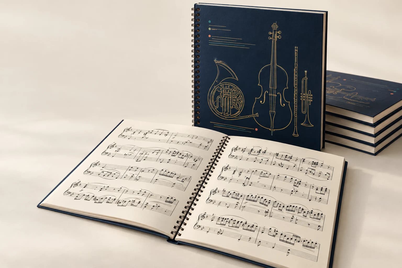 Ilustración de una partitura: alambre de doble anilla, pentagramas de cinco líneas, detalle de las notas y una partitura abierta sin obstrucciones.