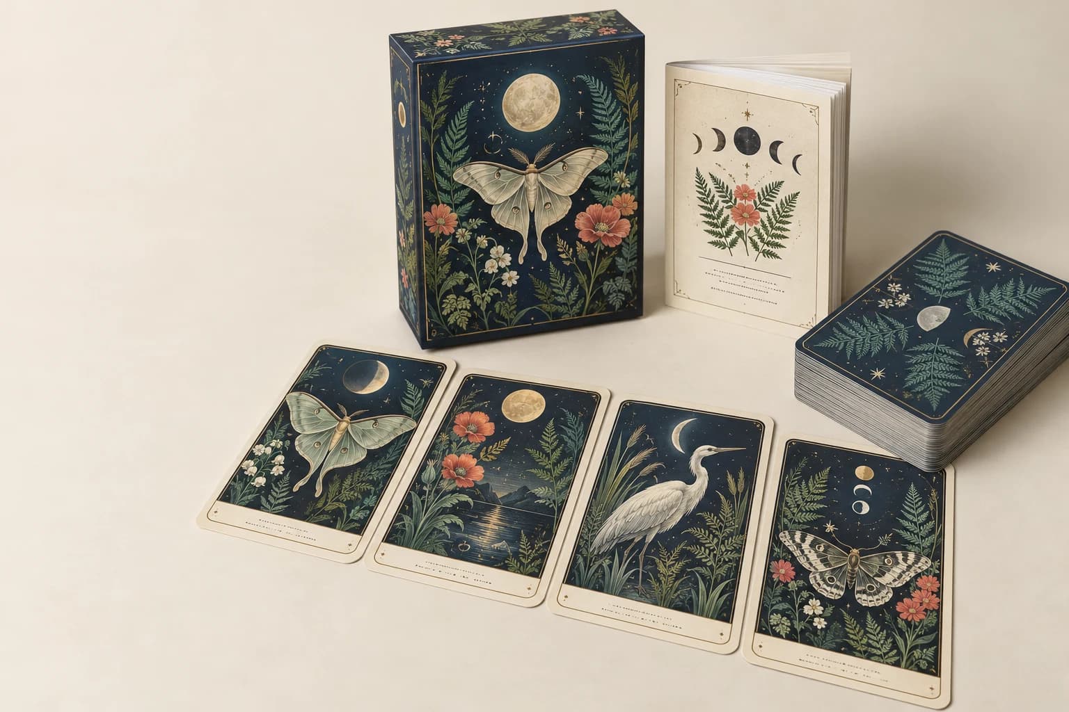 Tarjeta Oráculo ilustrativa: Distintas caras de cartas ilustradas, reversas idénticas, guía y la pila de baraja completa.
