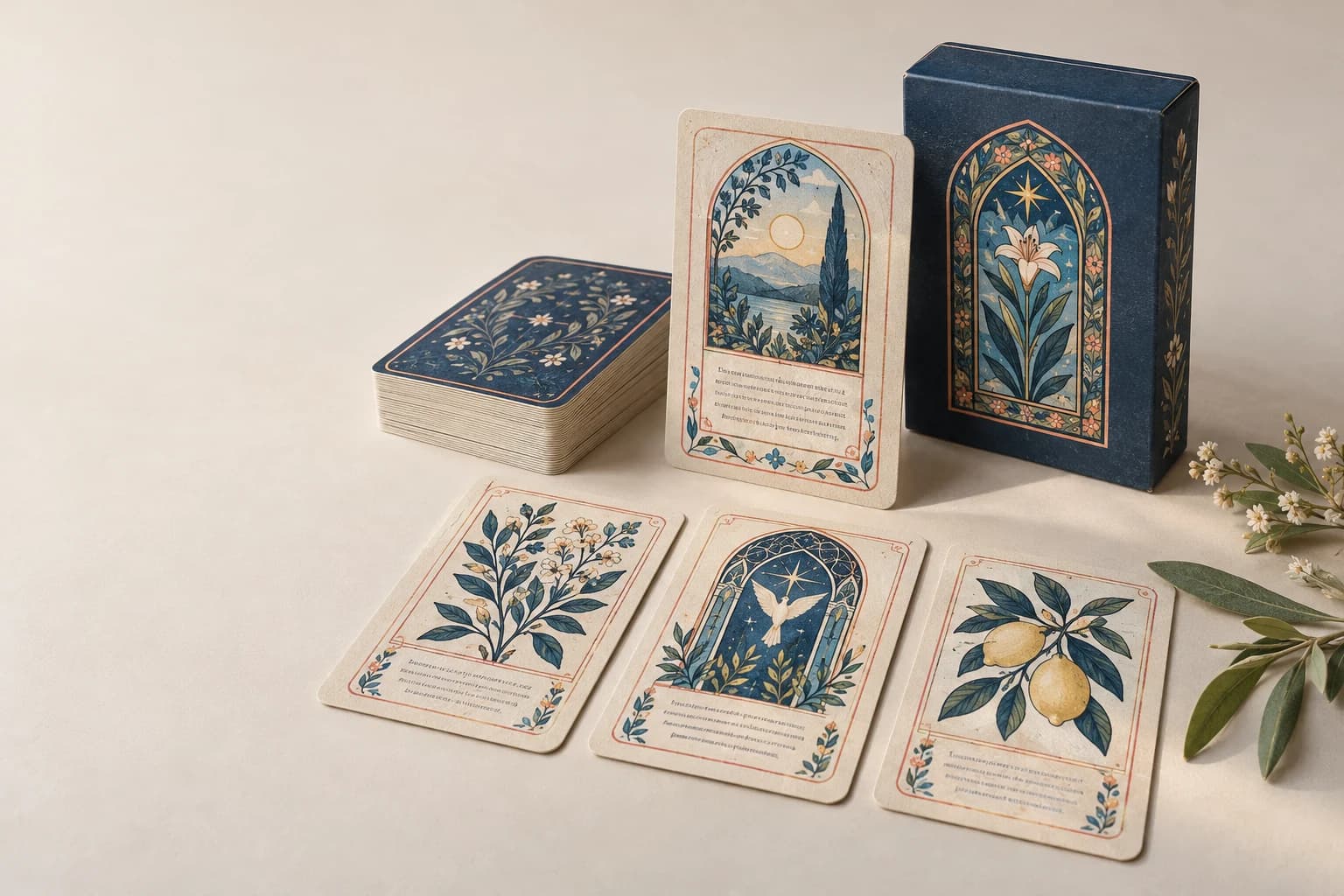 Tarjeta de Oración Illustrativa: Borrar pequeñas áreas de texto impreso, esquinas redondeadas modestas y emparejamiento frontal/reverso.