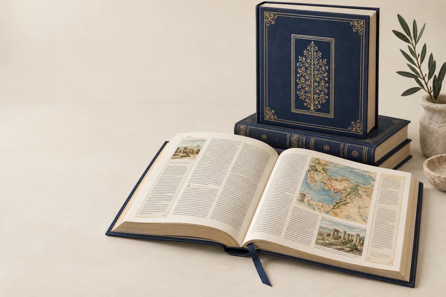 Libro Religioso Illustrativo: Jerarquía de texto y comentario, ilustración cartografiada y canaleta encuadernada.