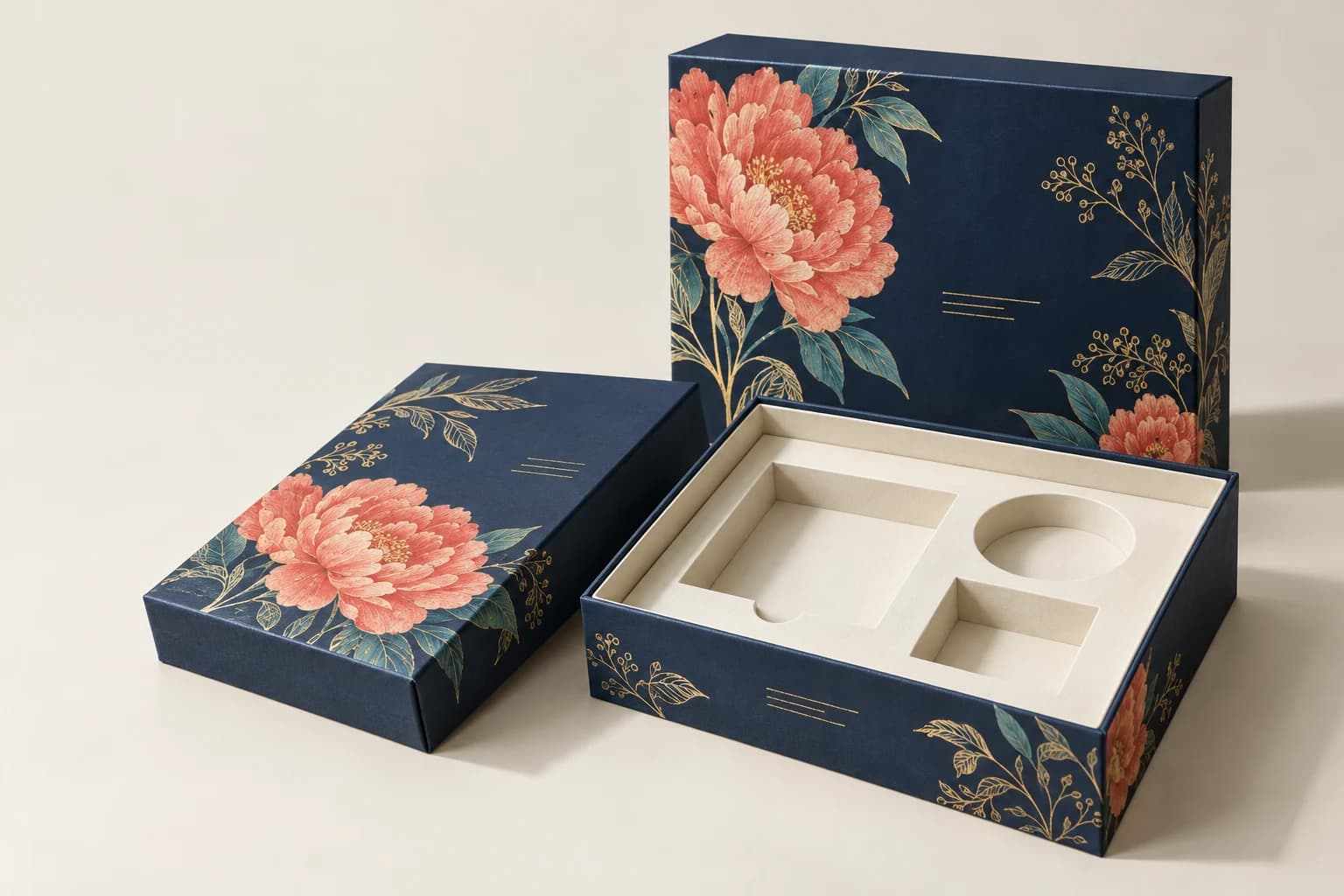 Caja rígida ilustrativa: Espesor rígido de la pared, esquinas envueltas, detalle de flores impresas nítidas y cavidades insertadas.