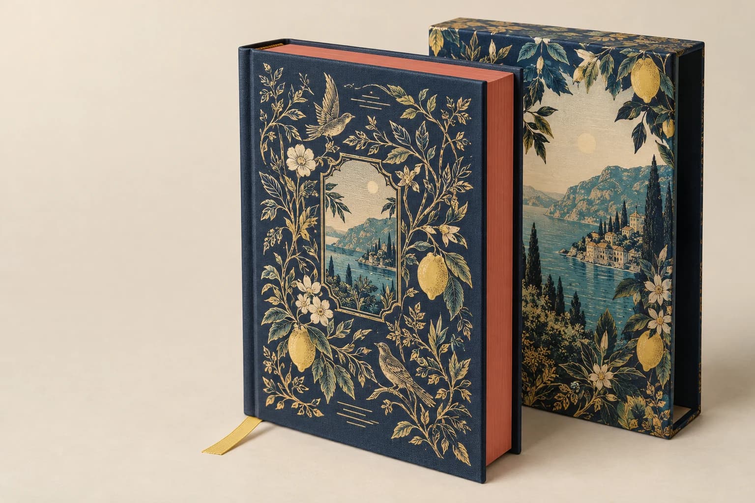Illustrative Edición Especial Libro: Impresión de lámina metálica de crisp, bordes de página de colores, grano de tela y ajuste de caja deslizante.