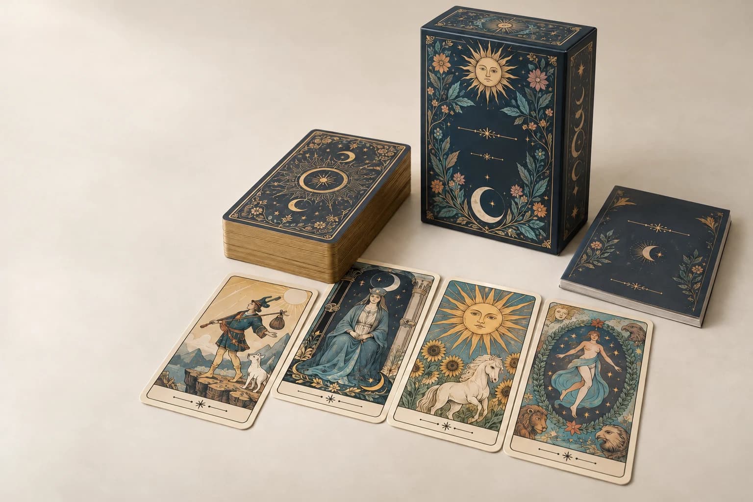 Tarjeta ilustrativa del tarot: simbolismo reconocible del tarot, tarjetas redondeadas altas, impresión original detallada y una baraja completa.