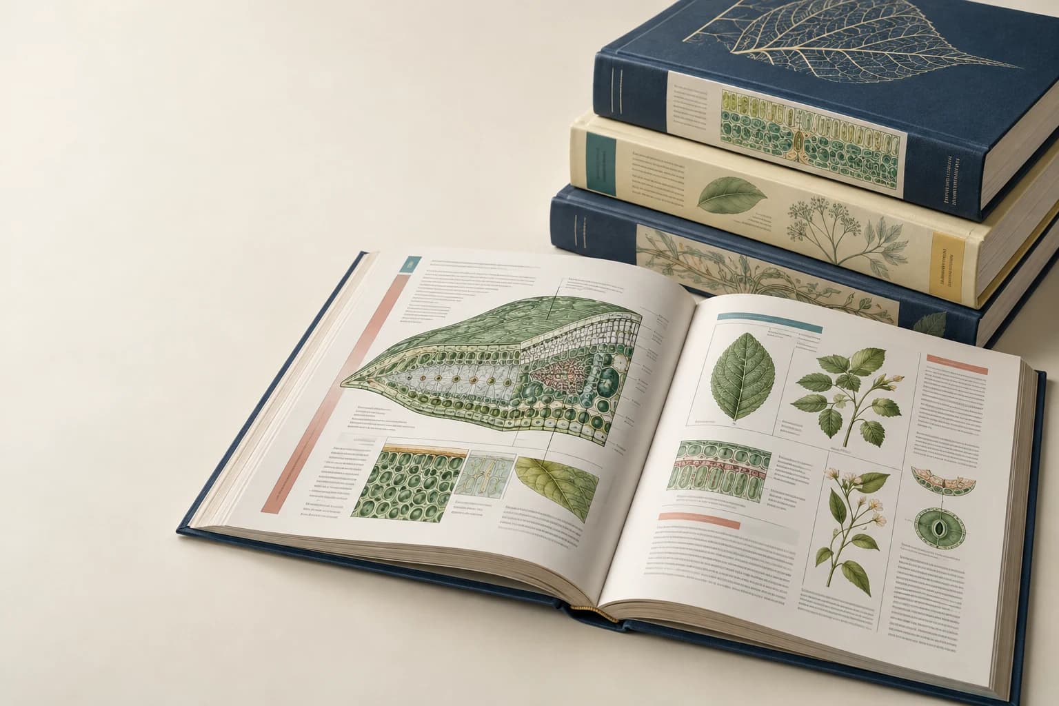 Libro de texto ilustrativo: líneas de diagramas agudos, colores de capítulos diferenciados, pila de páginas reales y encuadernación.