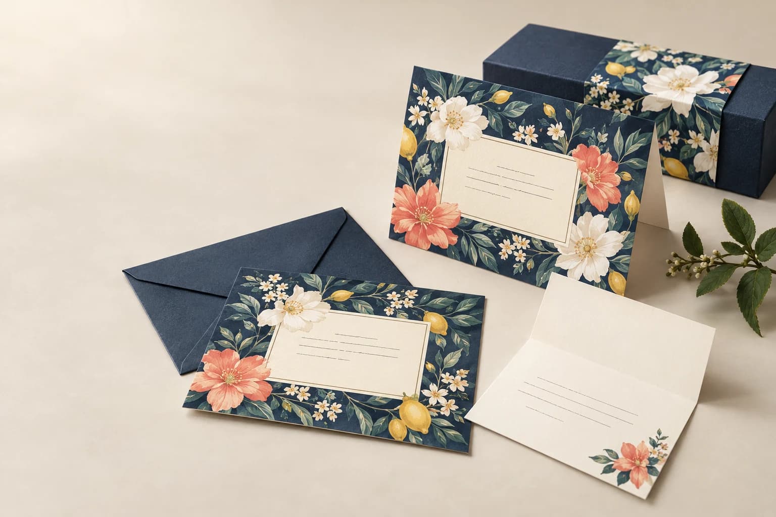 Tarjeta de agradecimiento ilustrativa: flores impresas de alto detalle, reversas escritas y diferencia entre el inserto plano y la tarjeta plegada.