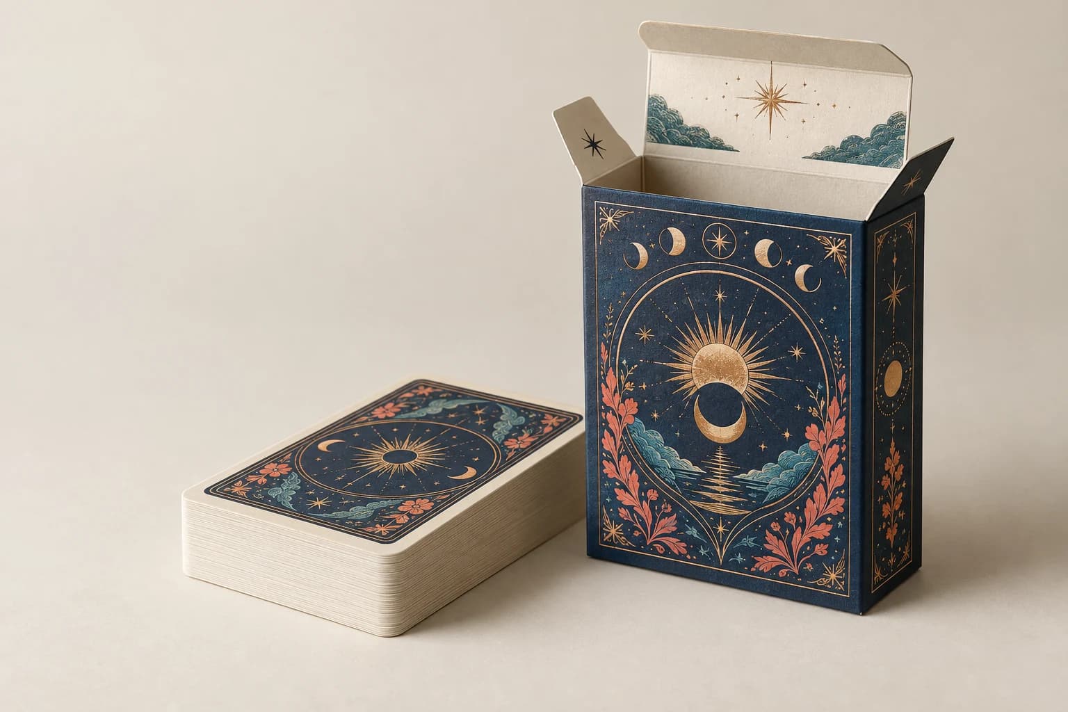 Caja con solapa ilustrativa: construcción correcta de solapa superior y solapas antipolvo, paredes finas de cartoncillo y cavidad dimensionada para el conjunto de cartas.